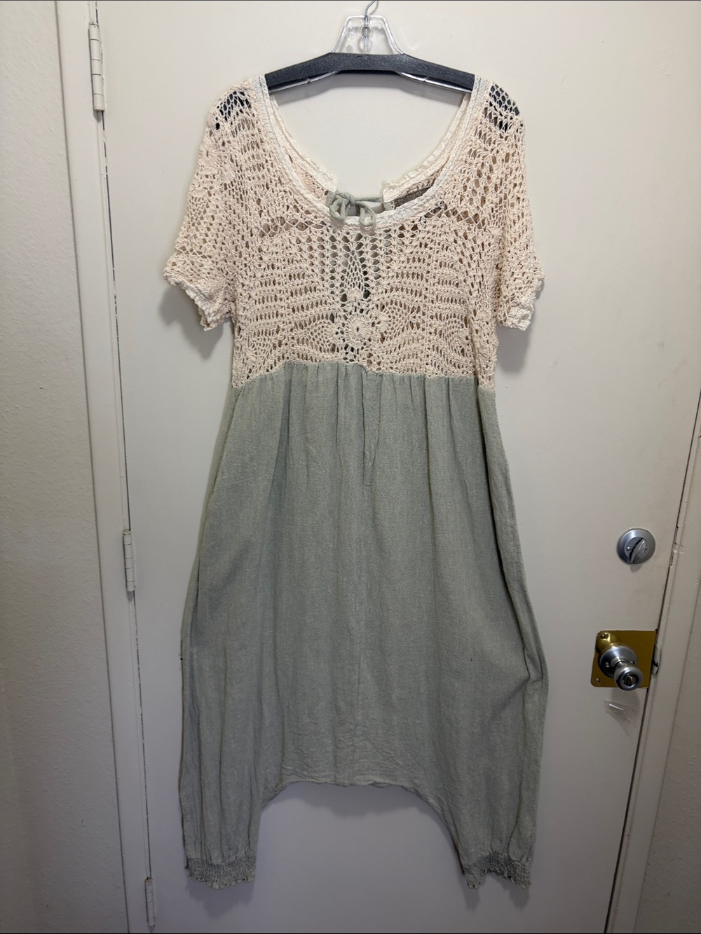 Bohemian Crochet-Top Maxi Dress in Cream and Sage Green